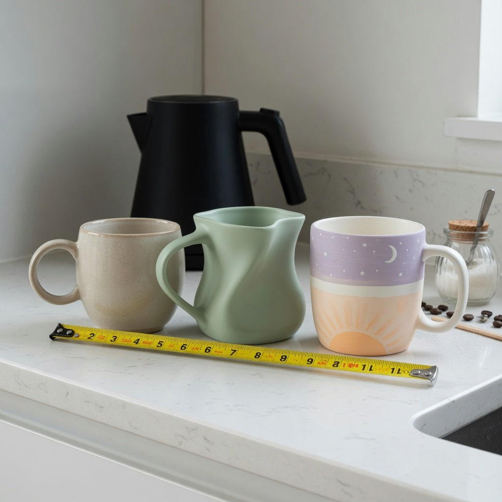 Ceramic tea mug home coffee station practical purchase checklist showing three mug forms and handle profiles on a compact kitchen counter