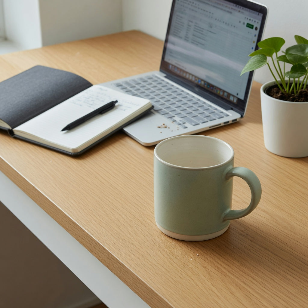 Ceramic tea mug home office practical purchase checklist with a ceramic mug beside a laptop and notebook