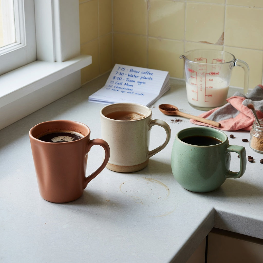 Ceramic tea mug morning routine product shortlist guide showing three handle and form options on a kitchen counter