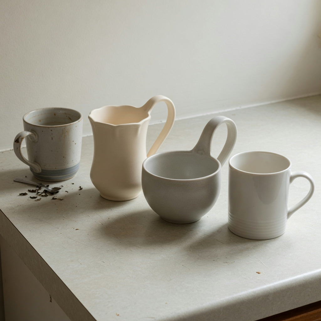 Ceramic tea mug replacement purchase product shortlist guide showing three ceramic options beside a worn mug