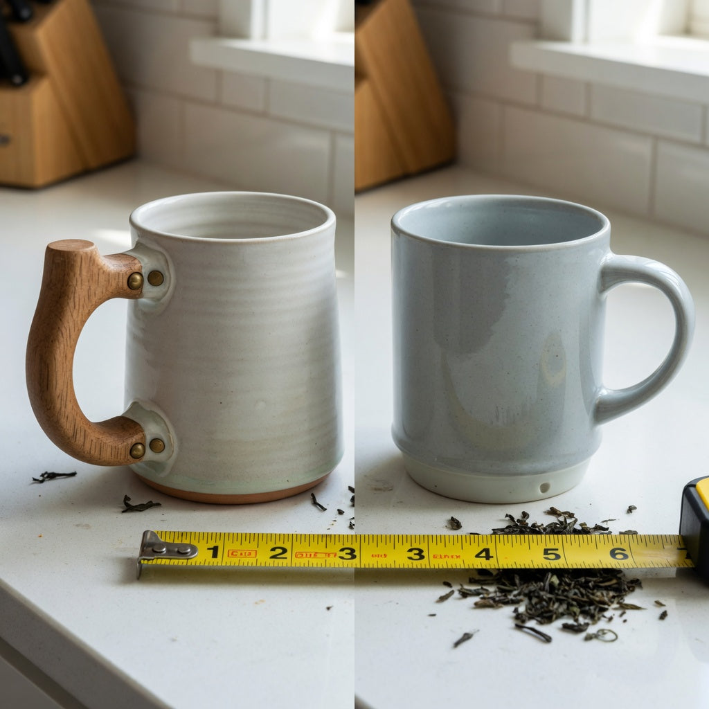Side view of a ceramic tea mug with wooden handle being compared for vessel shape, grip, and base size