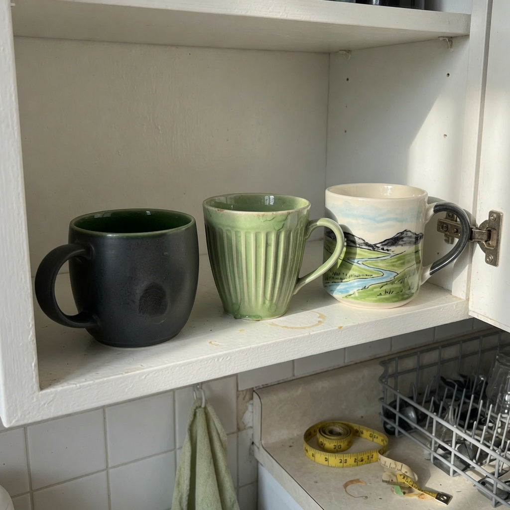 A ceramic vs porcelain coffee mugs everyday mug rotation product shortlist guide scene with round, pleated, and landscape mugs in an open kitchen cabinet