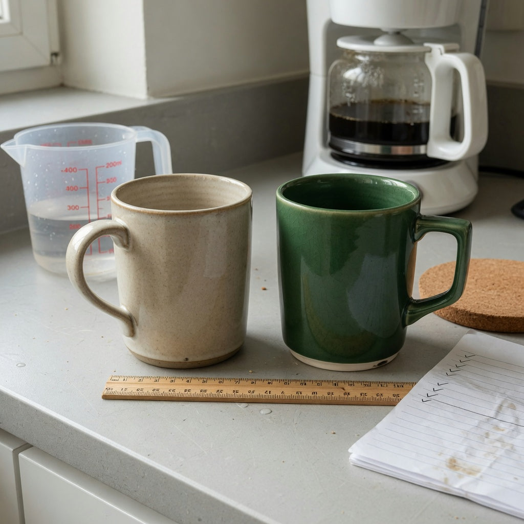 Ceramic vs porcelain coffee mugs first time buyer practical purchase checklist shown with two mugs, a ruler, measuring jug, and checklist