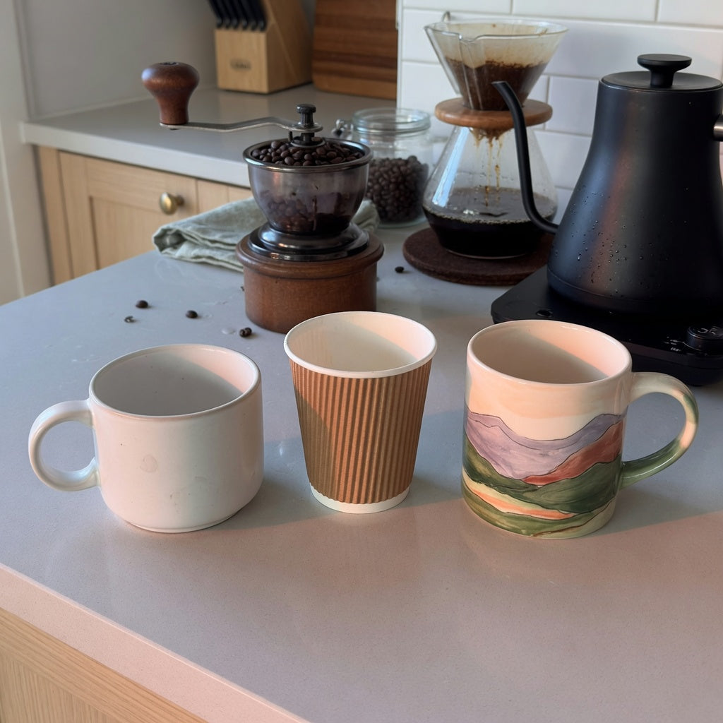 ceramic vs porcelain coffee mugs home coffee station product shortlist guide showing round, pleated, and landscape-style mugs beside a brewer