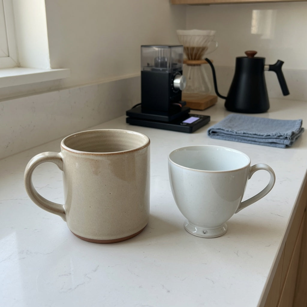 Ceramic vs porcelain coffee mugs home coffee station practical purchase checklist with two mugs beside a kettle, dripper, grinder, and scale