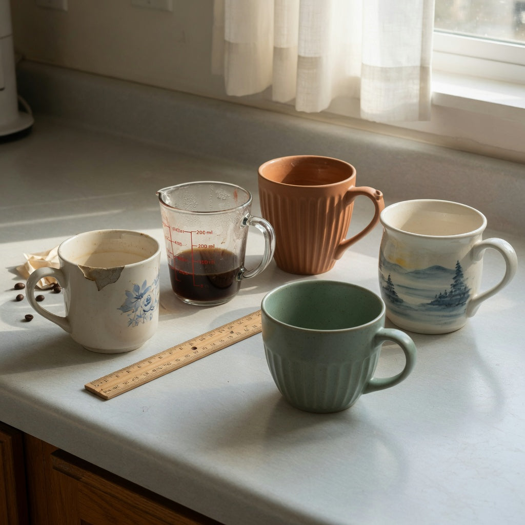 A ceramic vs porcelain coffee mugs replacement purchase product shortlist guide setup with a chipped mug and round, pleated, and landscape options