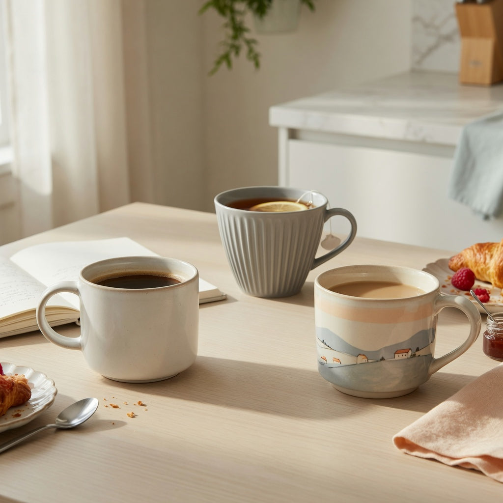 ceramic vs porcelain coffee mugs weekend coffee product shortlist guide with round, pleated, and landscape CoffeifyMug coffee tea mugs on a relaxed Saturday breakfast table