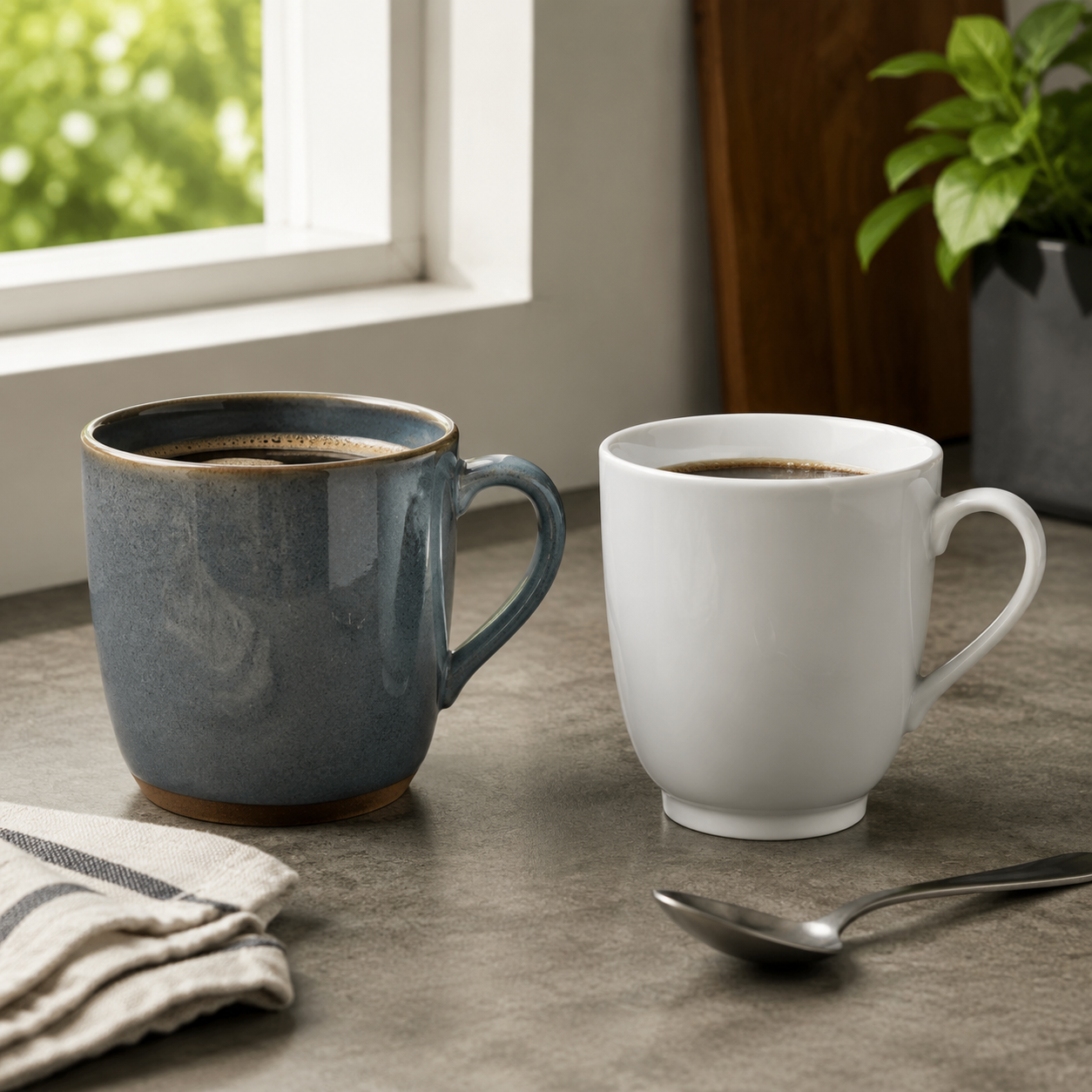 Side-by-side ceramic vs porcelain coffee mugs showing differences in rim thickness, shape, and finish