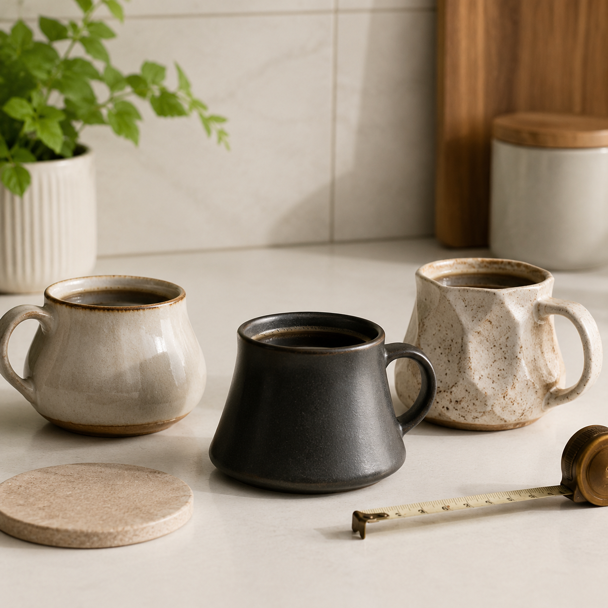 Ceramic wide bottom coffee mugs with rounded, flared, and statement shapes on a kitchen counter