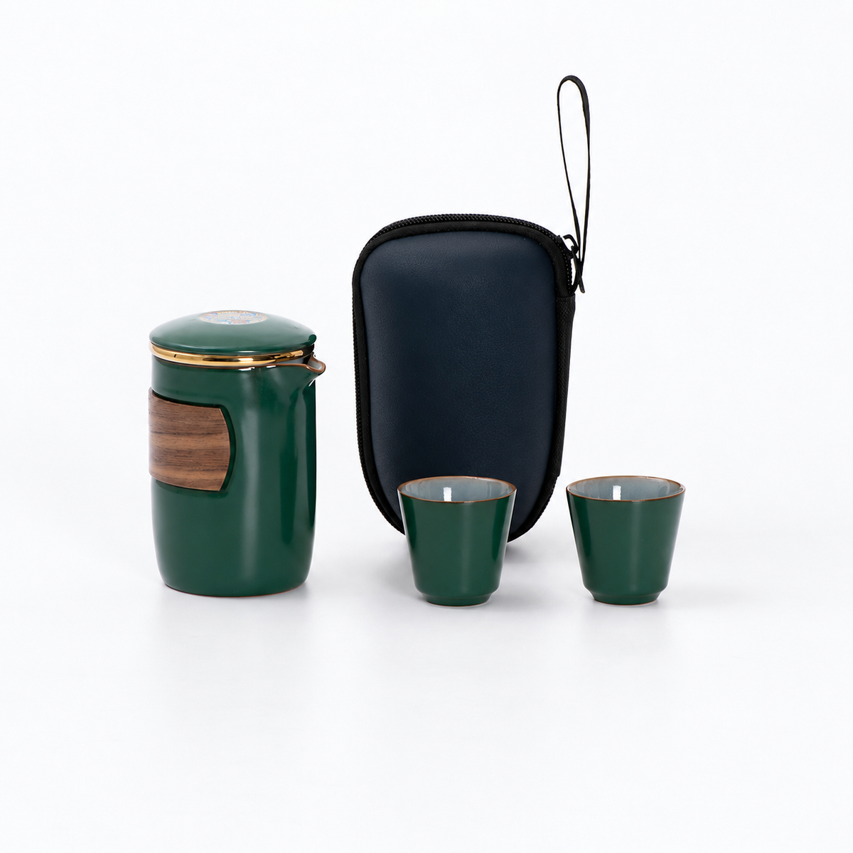 Wood grip ceramic travel tea set with lidded vessels and curved wooden grip, illustrating ceramic travel tea set cup capacity from a solo office cup to multi-cup formats.
