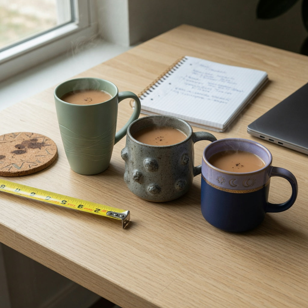 Chai tea mug buying priorities compared with The Flow 400 ml, Morning and Night 440 ml, and The Rock 480 ml mugs