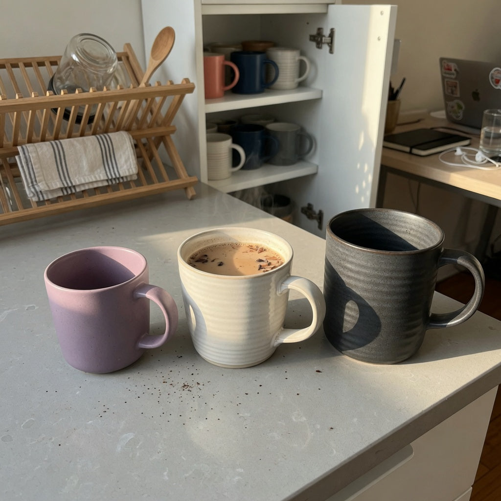 Three mug sizes on a kitchen counter for a chai tea mug everyday mug rotation product shortlist guide