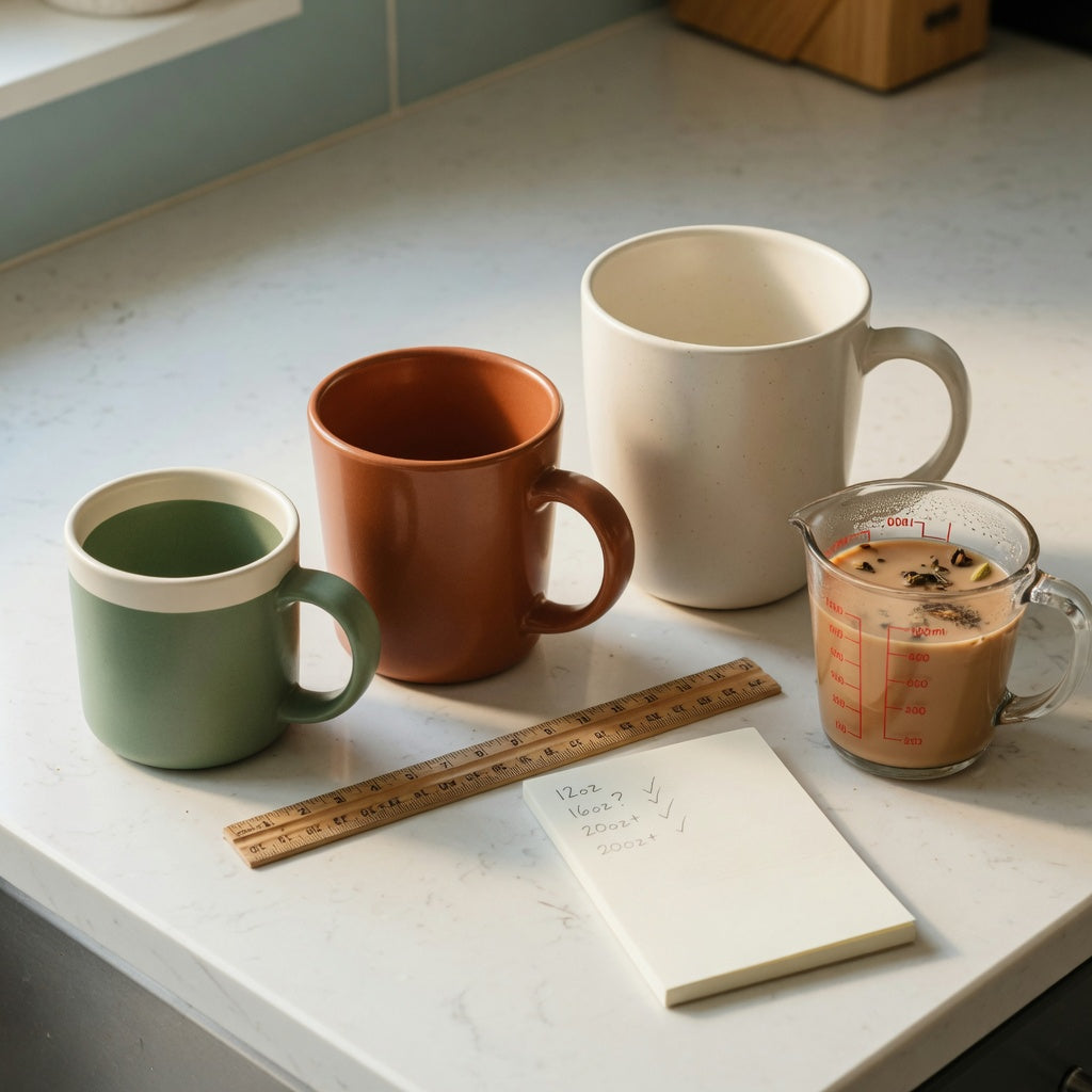 Chai tea mug first time buyer practical purchase checklist comparing 400 ml, 440 ml, and 480 ml mugs beside a measuring jug