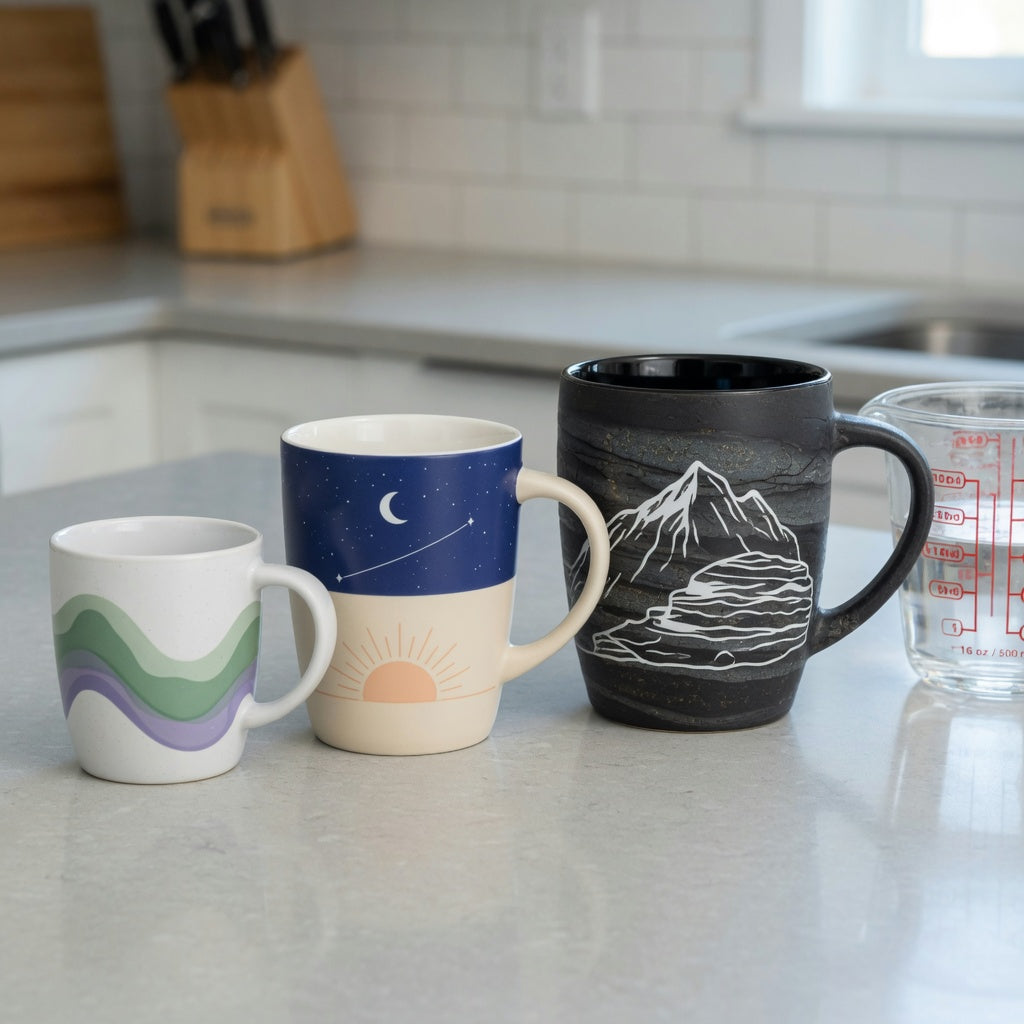 Three mugs on a kitchen counter for a chai tea mug gift choice product shortlist guide, representing 400, 440, and 480 ml options