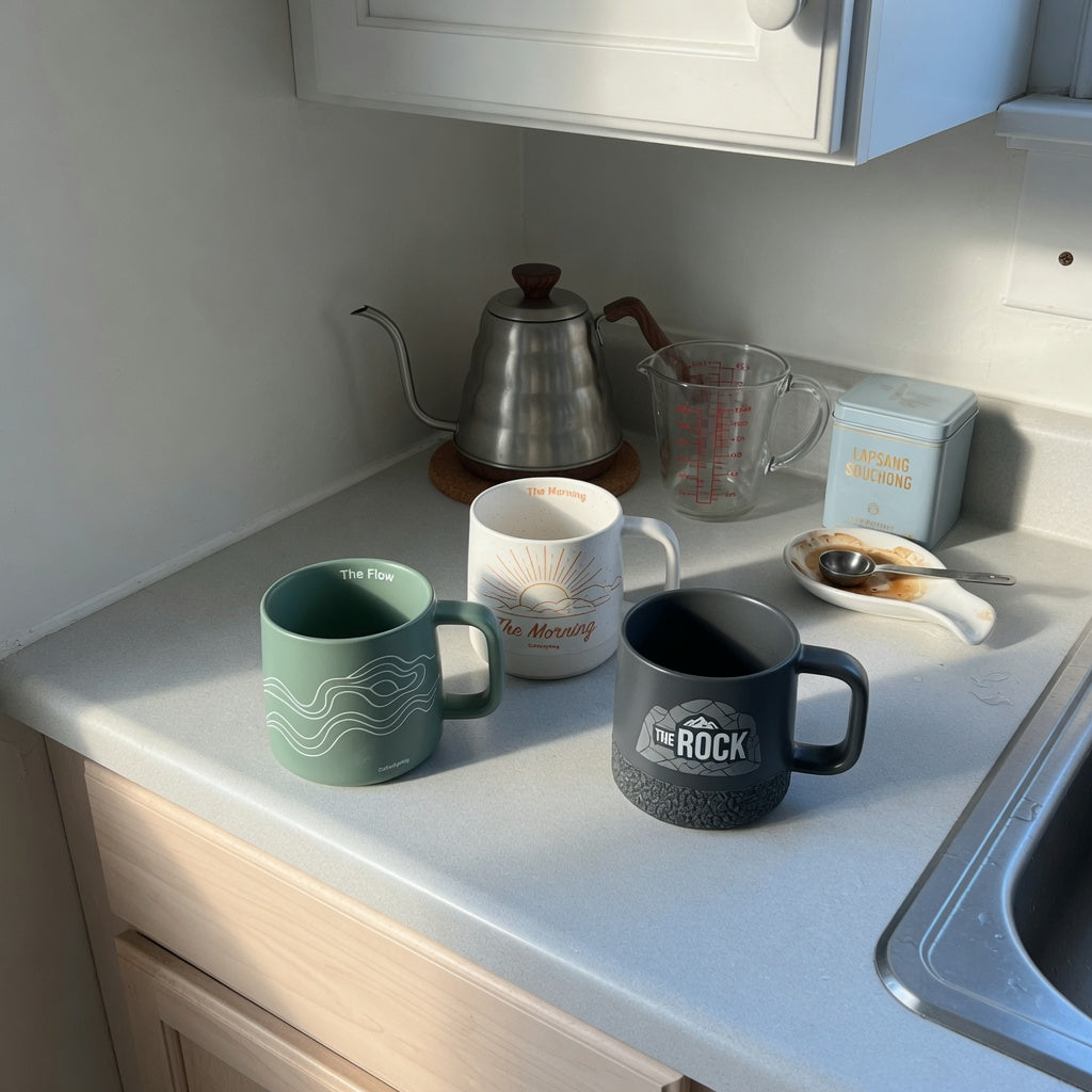 A chai tea mug home coffee station practical purchase checklist shown with three mug capacities, a measuring jug, and a kettle on a kitchen counter