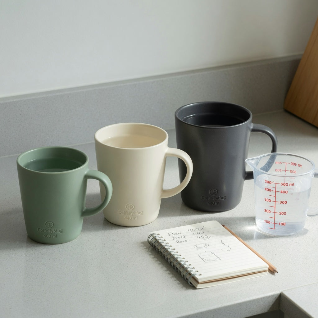 Chai tea mug size decision guide comparing The Flow 400 ml, Morning and Night 440 ml, and The Rock 480 ml