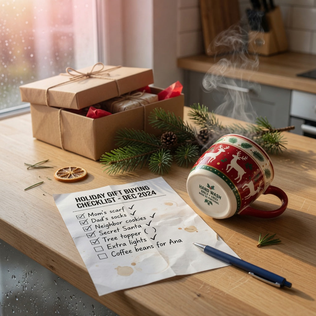 Christmas coffee tea mug buying checklist printed on a counter beside a festive ceramic mug of coffee