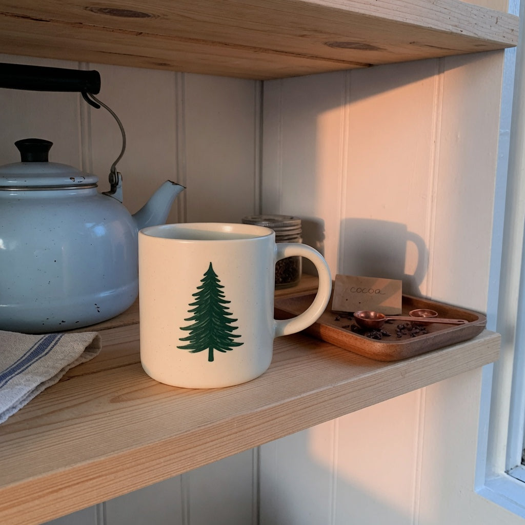 A christmas coffee tea mug for coffee lovers home decor on a wooden kitchen shelf beside a kettle