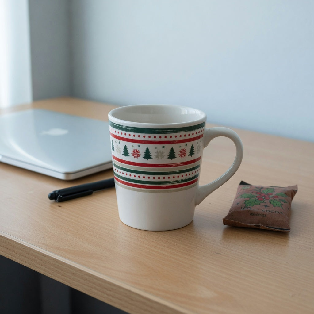 Christmas mug for office on a wooden desk beside a laptop and a cocoa packet
