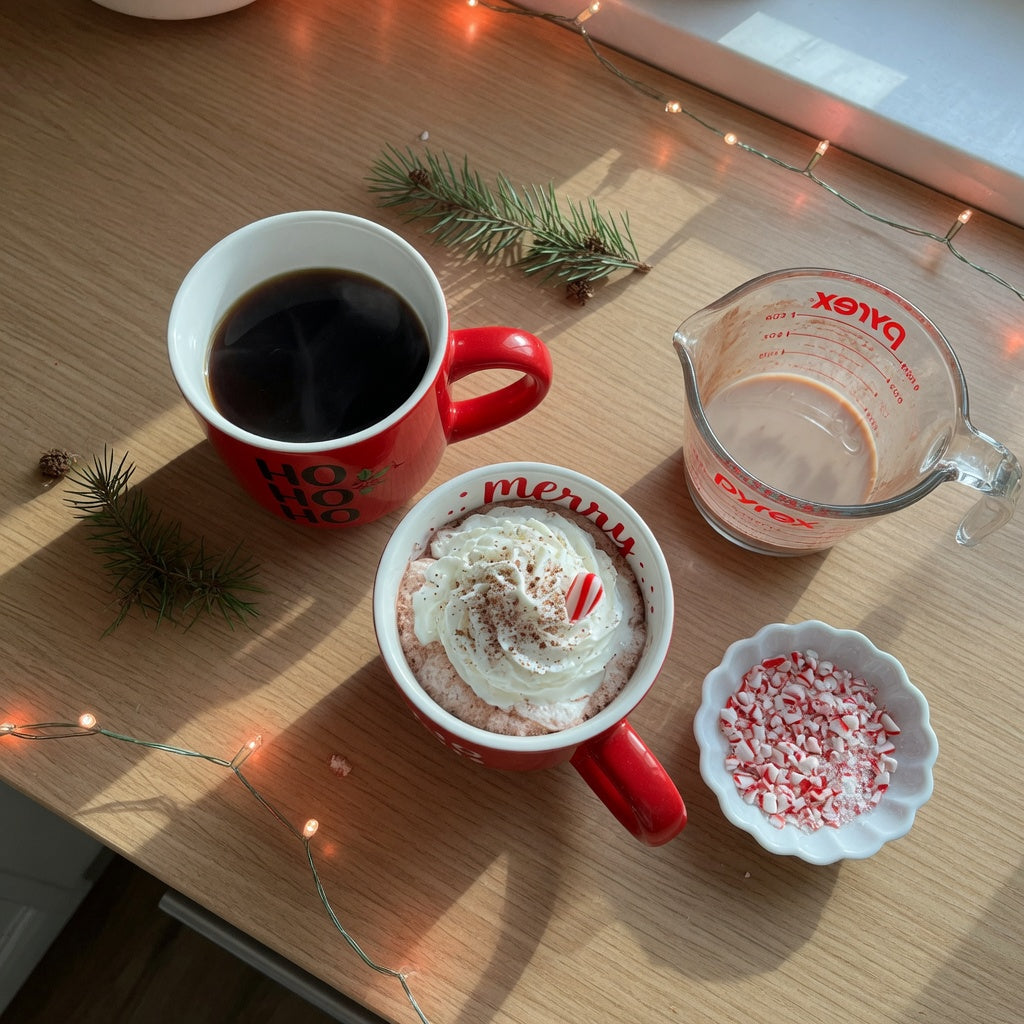 Christmas red ceramic coffee mugs with coffee and whipped-cream cocoa on a holiday kitchen counter beside pine sprigs and a measuring cup