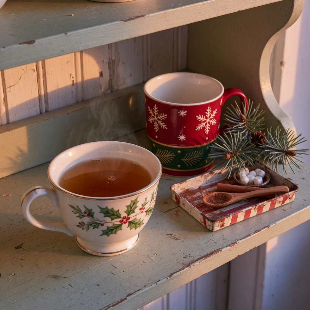 Christmas tea mug home decor on a wooden kitchen shelf, one mug filled with tea beside pine and a second holiday cup
