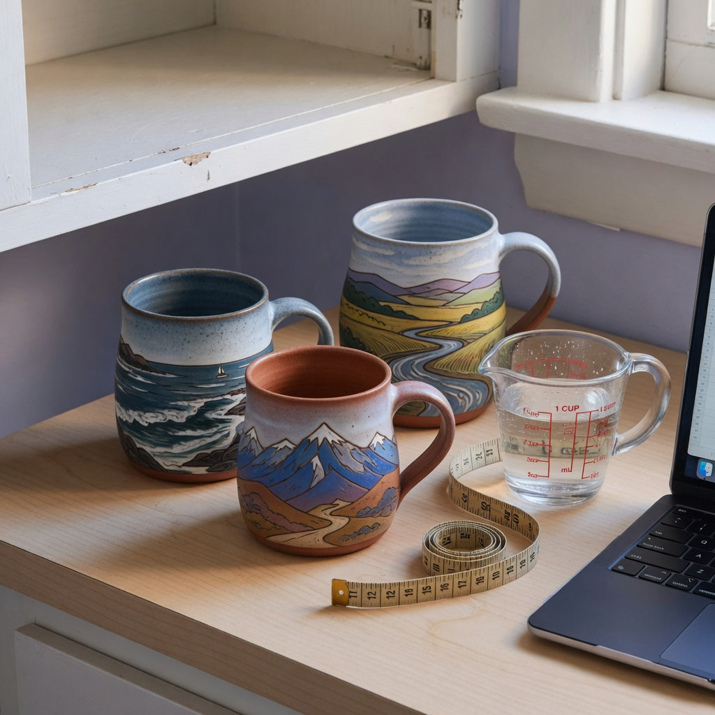 clay pottery coffee mugs buying priorities shown through a comparison of mug capacity, shape, handle clearance, and counter space