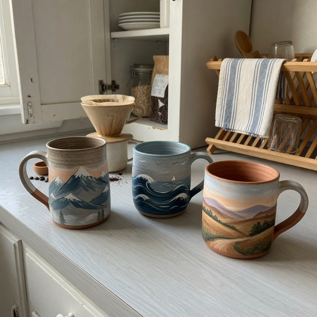 Clay pottery coffee mugs everyday mug rotation product shortlist guide with three scenic mugs beside a kitchen drying rack