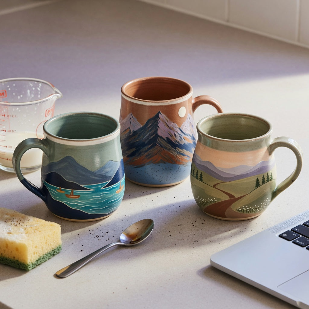 clay pottery coffee mugs first time buyer product shortlist guide showing three scenic CoffeifyMug mugs on a kitchen counter