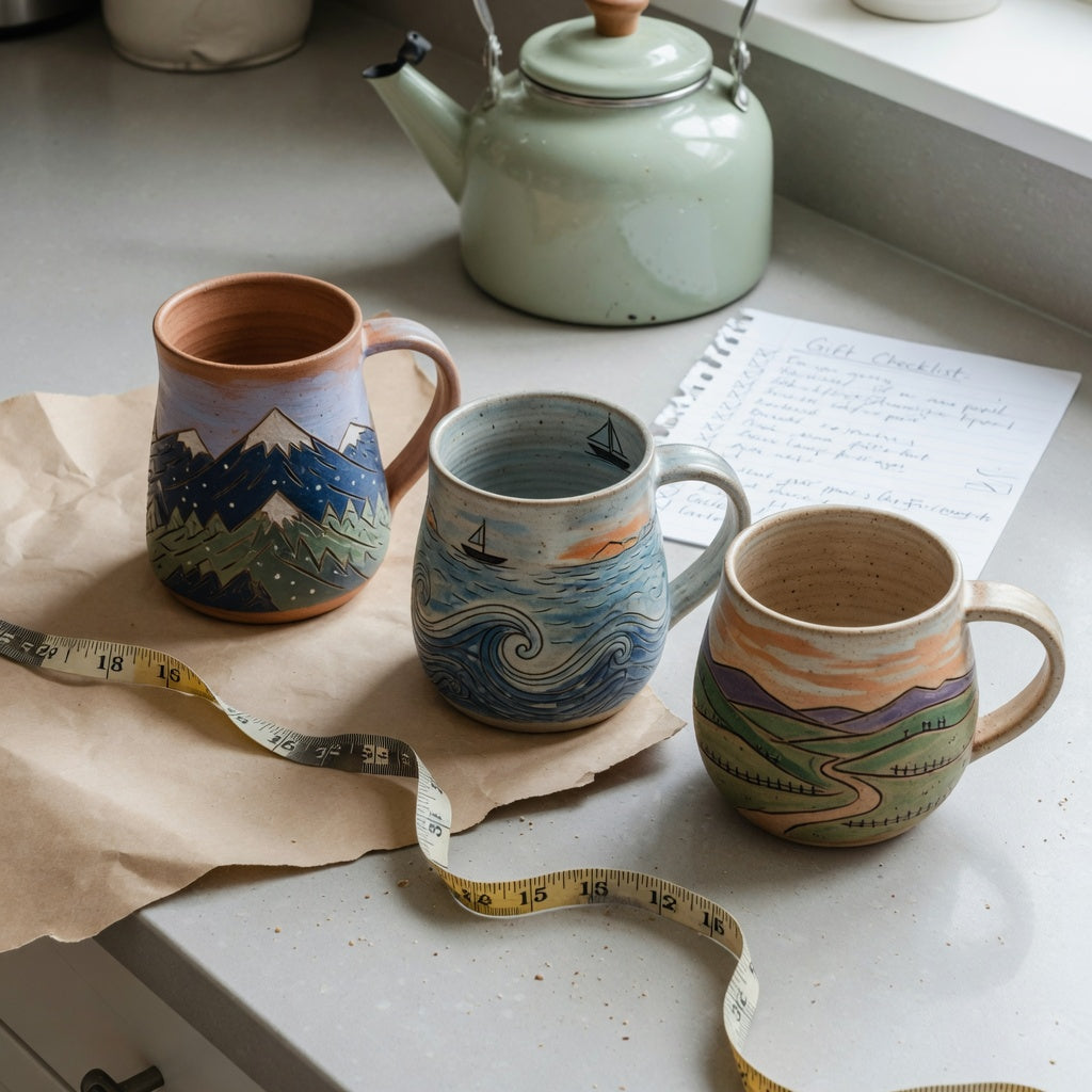 Clay pottery coffee mugs gift choice practical purchase checklist beside three scenic mug options on a kitchen counter