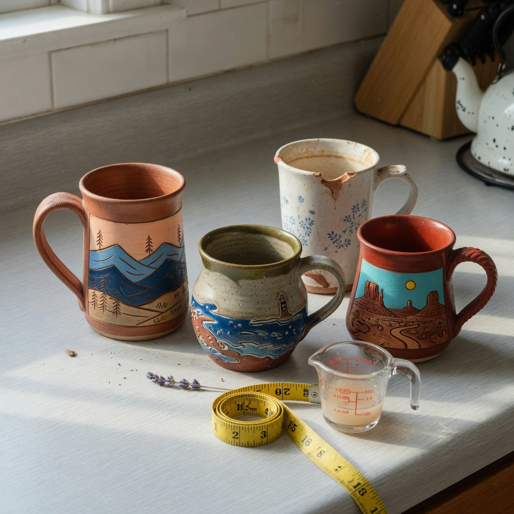 A clay pottery coffee mugs replacement purchase product shortlist guide with three scenic options beside a chipped everyday mug