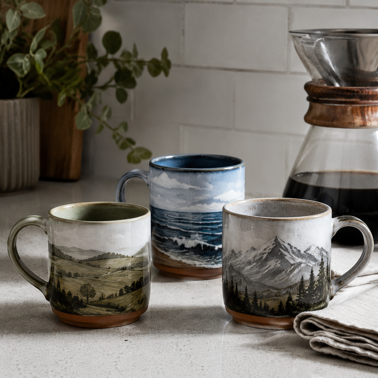 Clay pottery coffee mugs with mountain, sea, and landscape designs on a kitchen counter