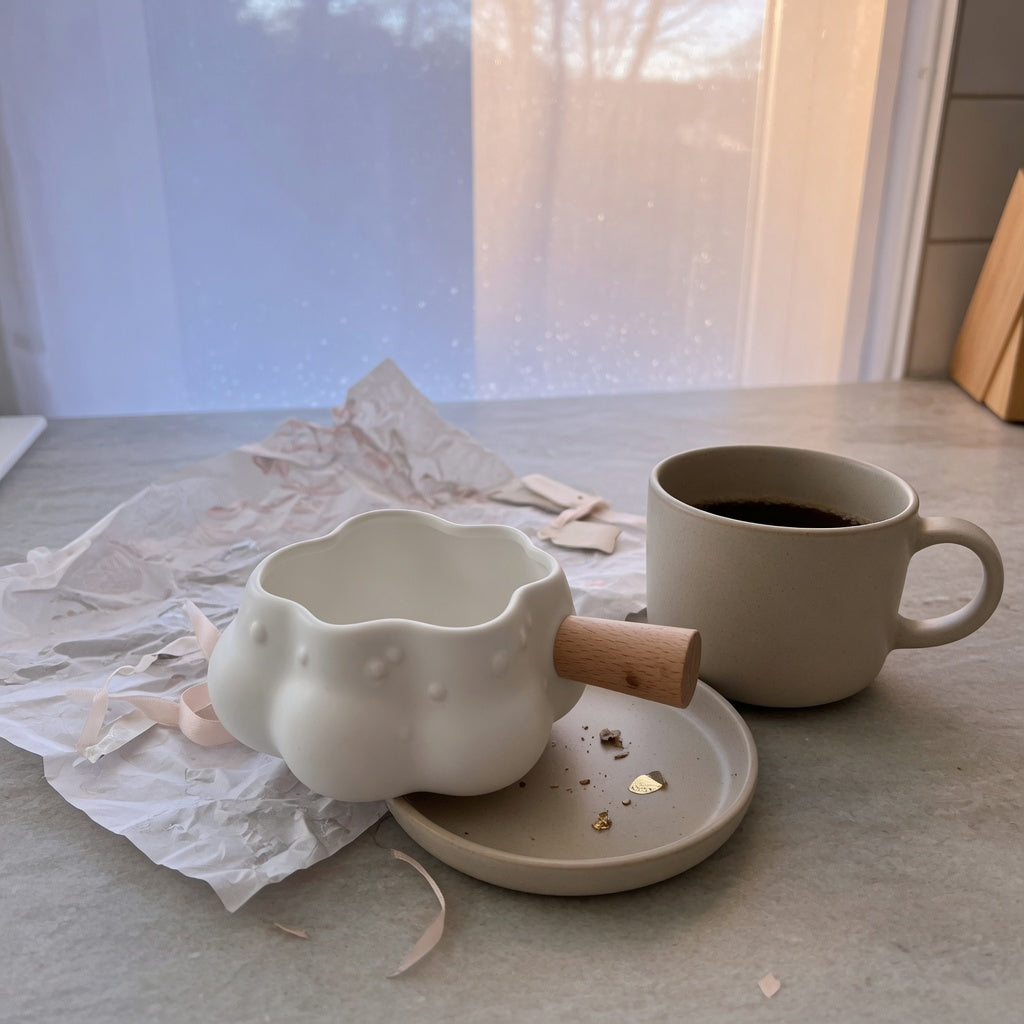 Cloud coffee tea mug gift with a wooden handle beside a plain coffee mug on a kitchen counter