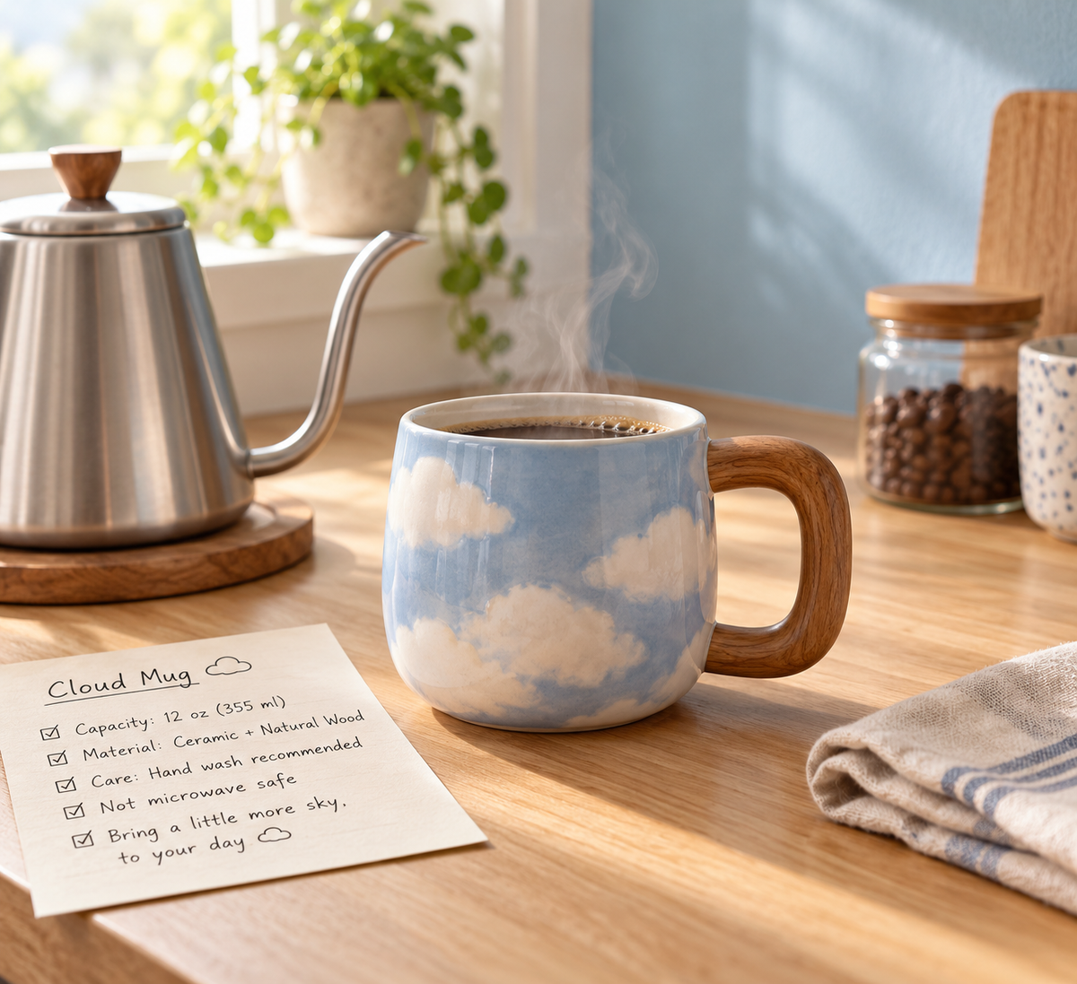 Cloud mug buying guide scene: a cloud-themed coffee mug with a wooden handle beside a kettle and a capacity checklist card on a kitchen counter