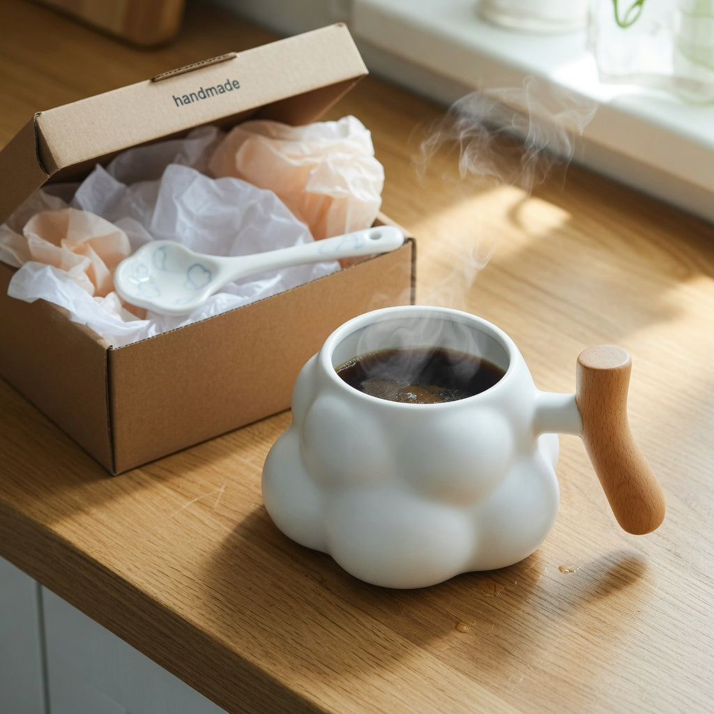 Cloud mug with handle gift: white cloud-shaped ceramic mug with wooden handle beside an open gift box on a kitchen counter