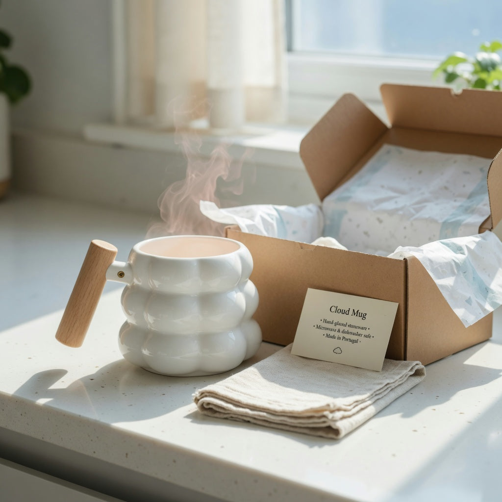 Cloud mug with wooden handle gift boxed on a kitchen counter beside a care card and fresh coffee