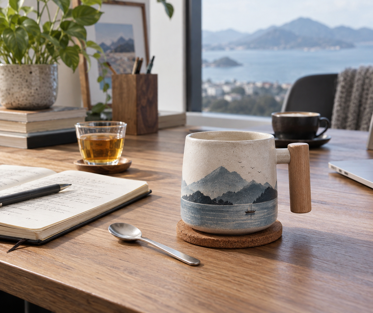 Coffee and tea mug gift for desk with a wooden handle on a cork coaster beside a notebook