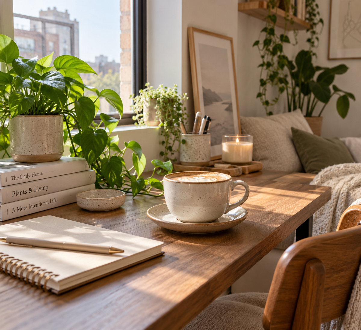 coffee break corner ideas ceramic cup setup with plants and soft lighting