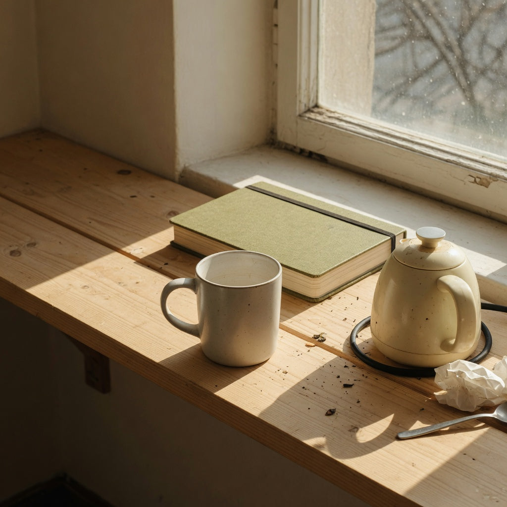 A coffee break corner mug on a narrow office shelf beside a kettle and notebook