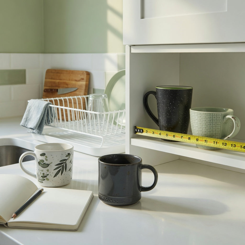 coffee mug birthday gift ideas everyday mug rotation practical purchase checklist shown with cabinet measurements and three daily-use mugs