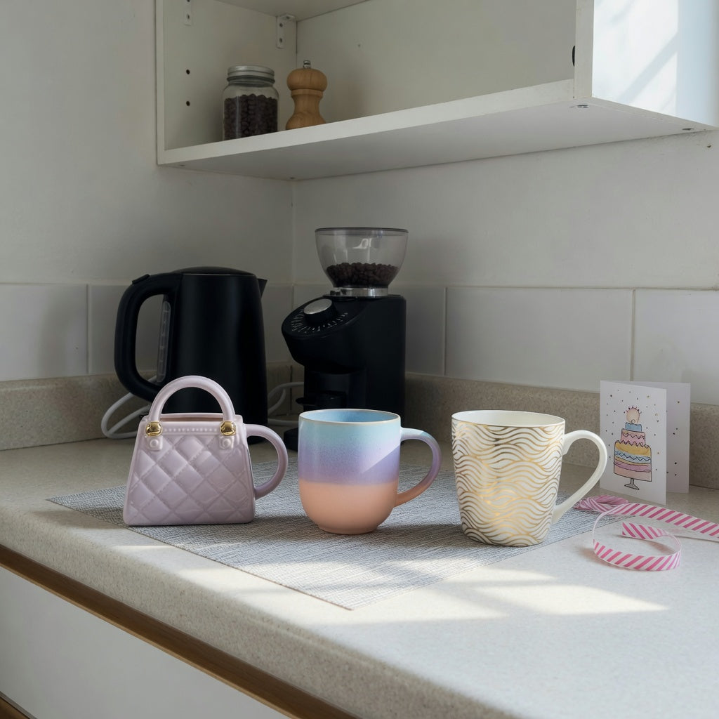 coffee mug birthday gift ideas home coffee station product shortlist guide showing handbag, gradient, and golden wave mugs beside a kettle