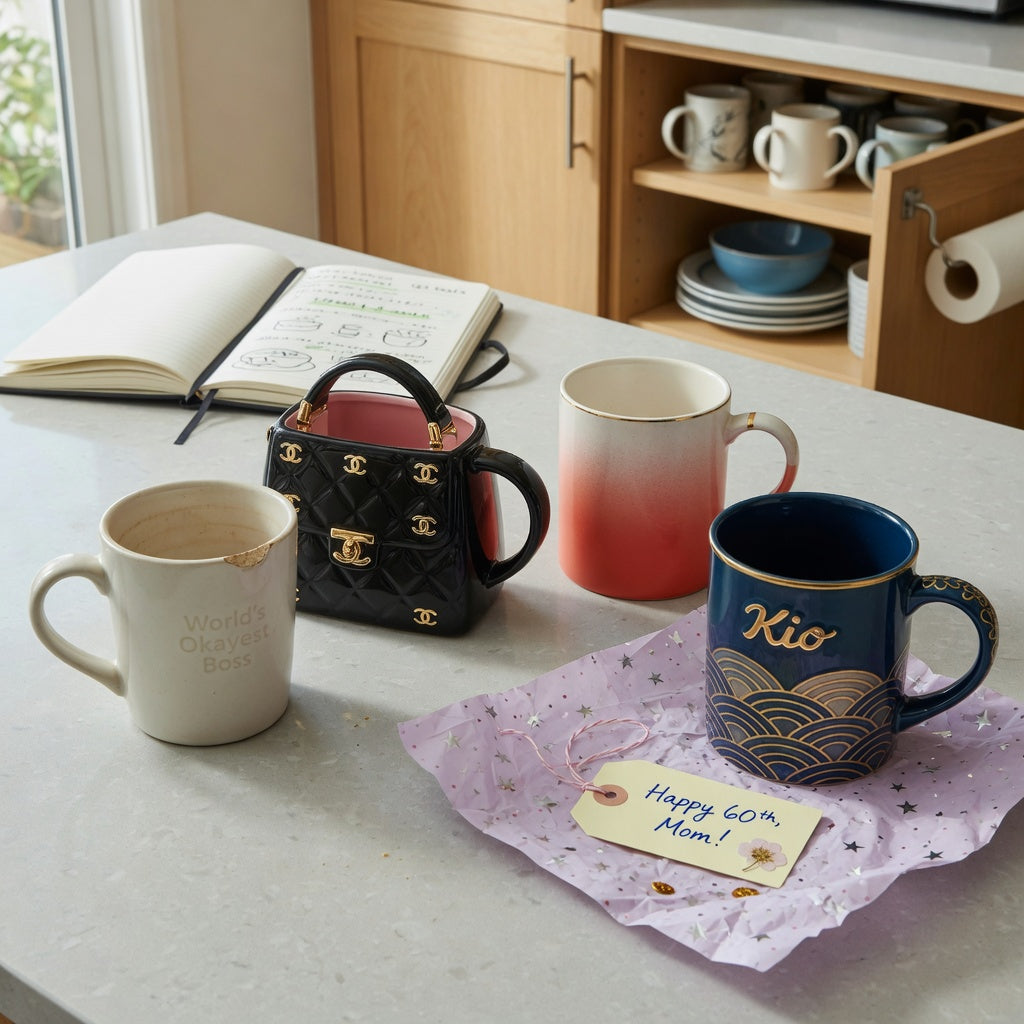 Coffee mug birthday gift ideas replacement purchase product shortlist guide with Handbag, Gradient, and Golden Waves Kio mug options