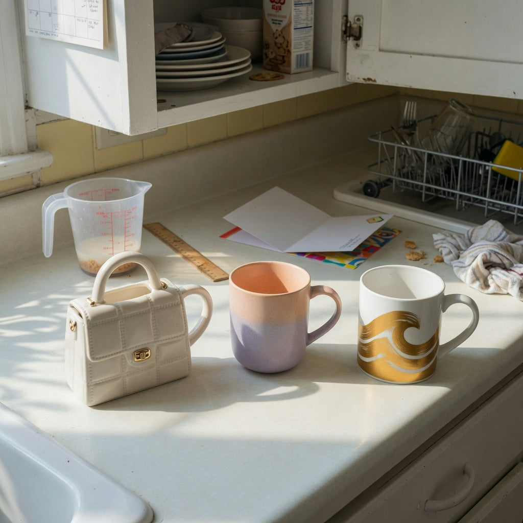 Shared kitchen scene illustrating the coffee mug birthday gift ideas shared household practical purchase checklist with three individual mug choices