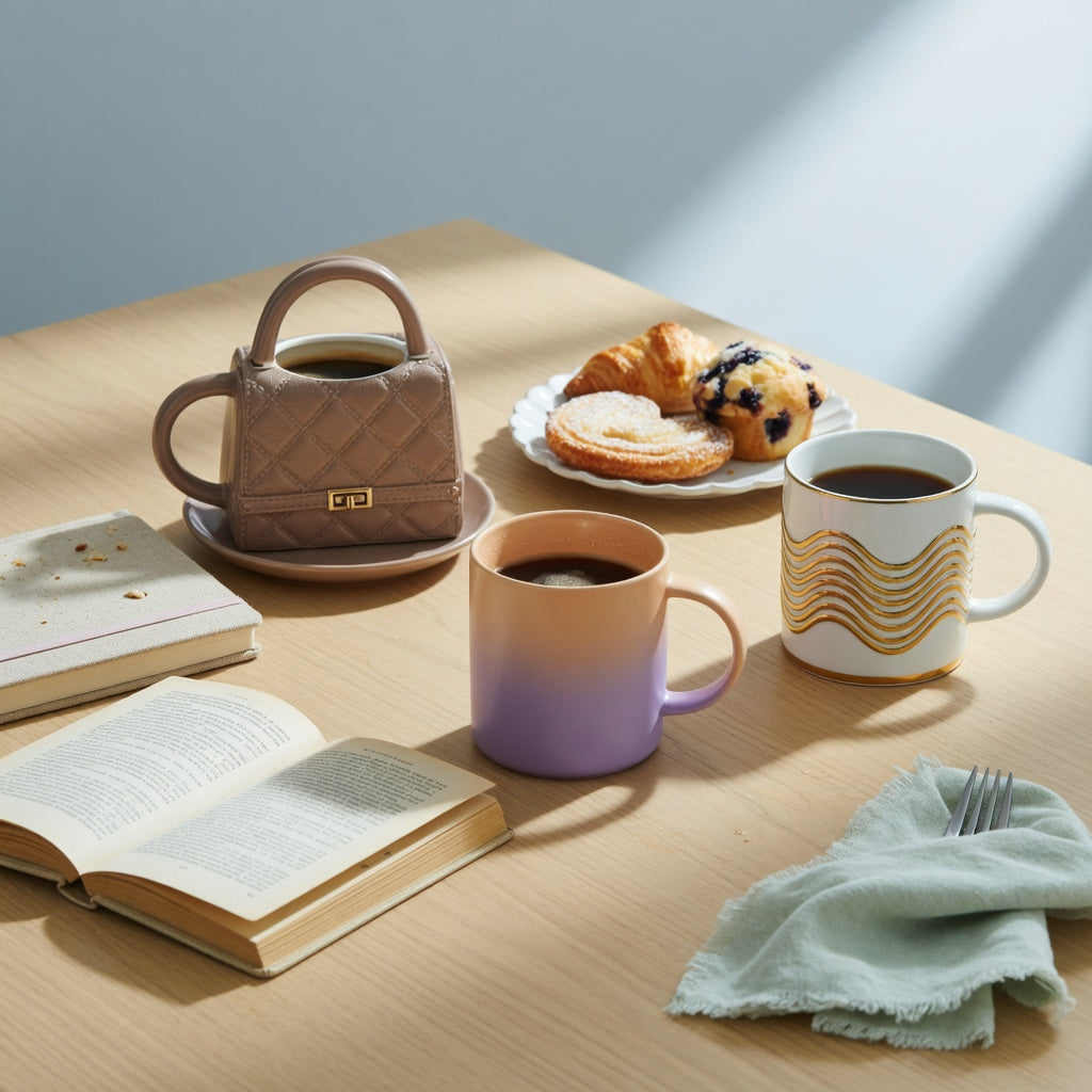coffee mug birthday gift ideas weekend coffee product shortlist guide with Handbag, Gradient, and Golden Waves Kio mugs on a weekend table