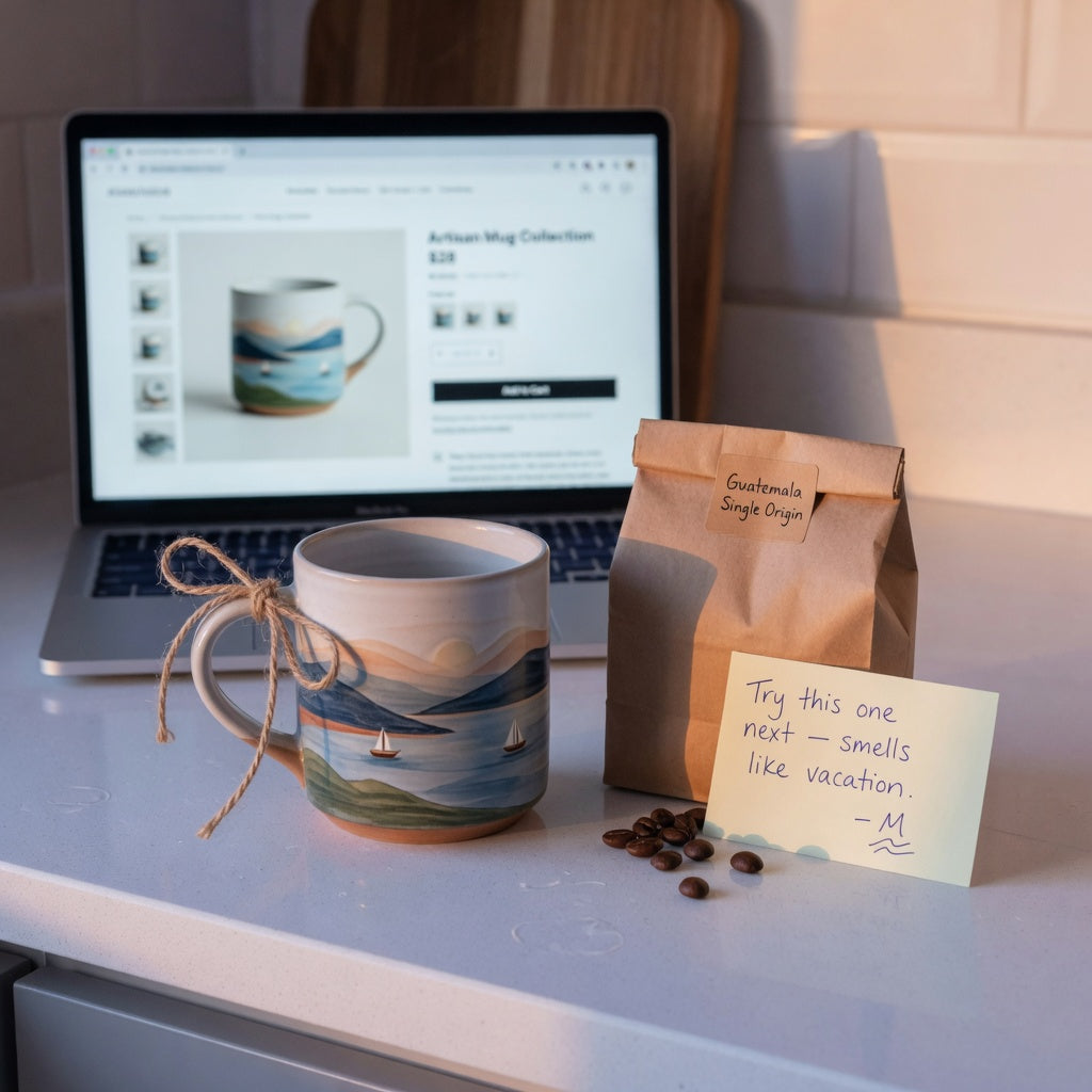 Ceramic mug beside coffee beans and a handwritten note on a kitchen counter, illustrating a coffee mug gift buying checklist