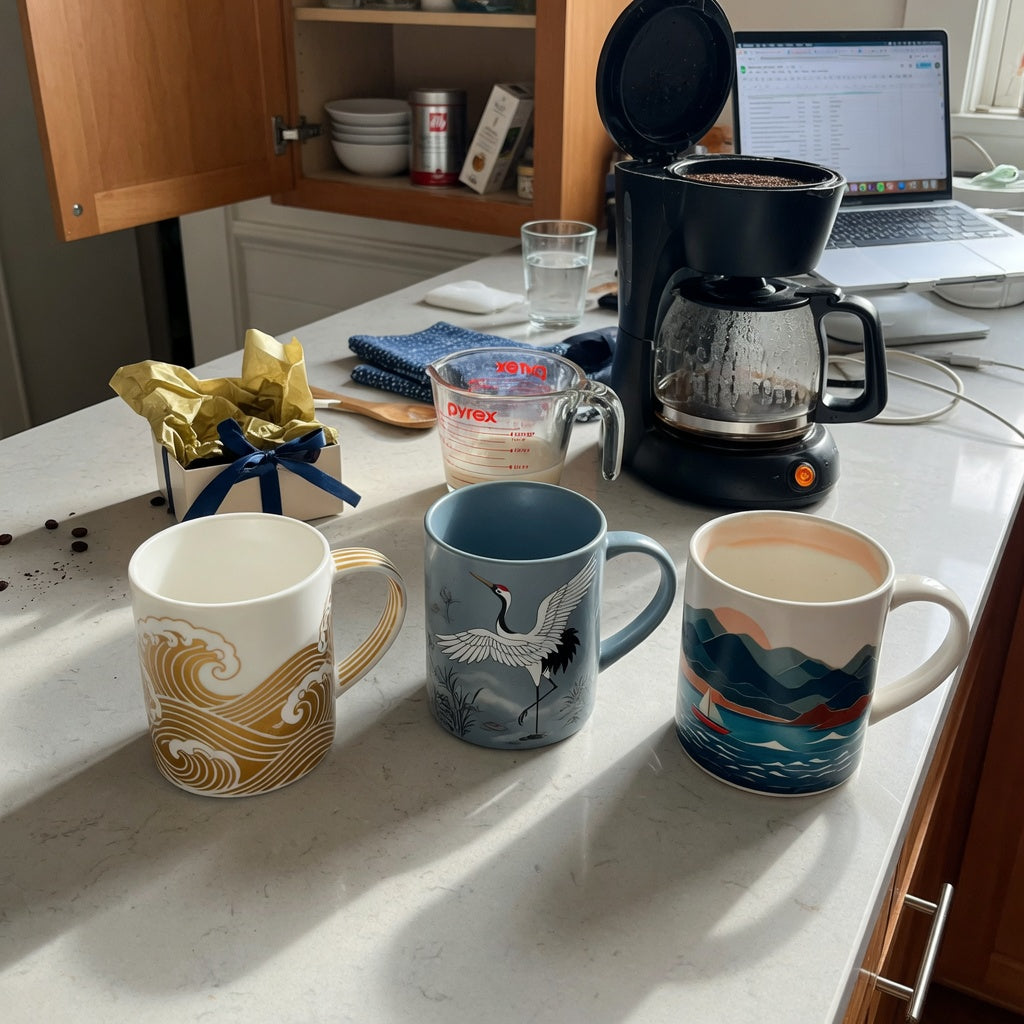 A desk and kitchen comparison showing coffee mug gift idea buying priorities for three decorative ceramic mugs