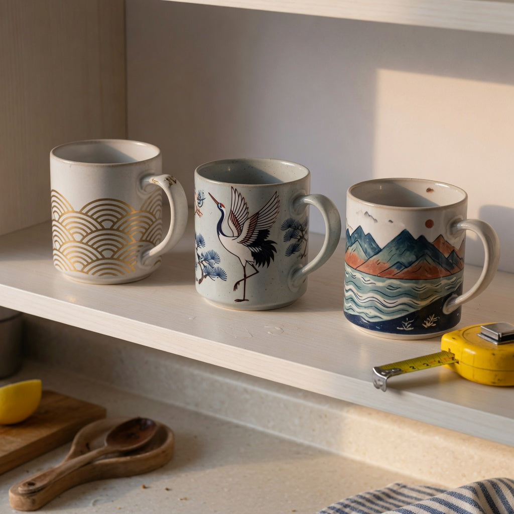Coffee mug gift idea everyday mug rotation product shortlist guide showing Golden Waves Kio, The Crane, and Mountain Sea mugs on a kitchen shelf