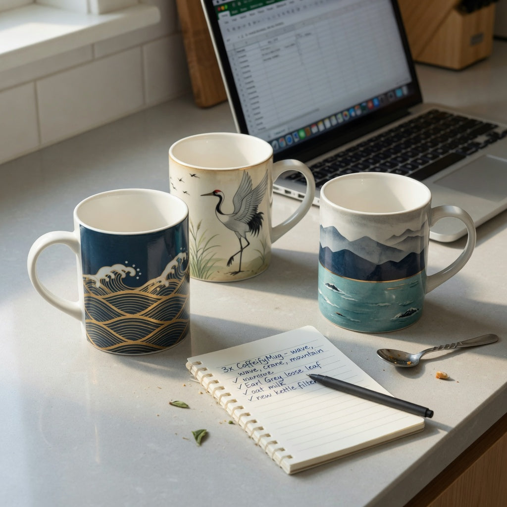 coffee mug gift idea gift choice practical purchase checklist showing three CoffeifyMug coffee and tea mug designs on a kitchen counter