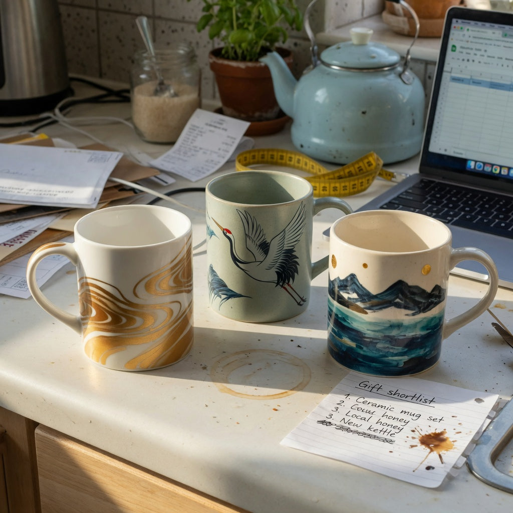 coffee mug gift idea gift choice product shortlist guide with Golden Waves Kio, The Crane, and Mountain Sea designs beside a notepad