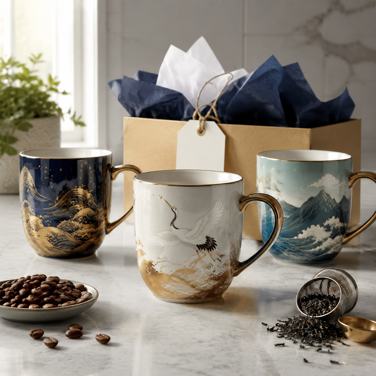 Coffee mug gift idea comparison with wave, crane, and mountain-sea themed mugs on a kitchen counter
