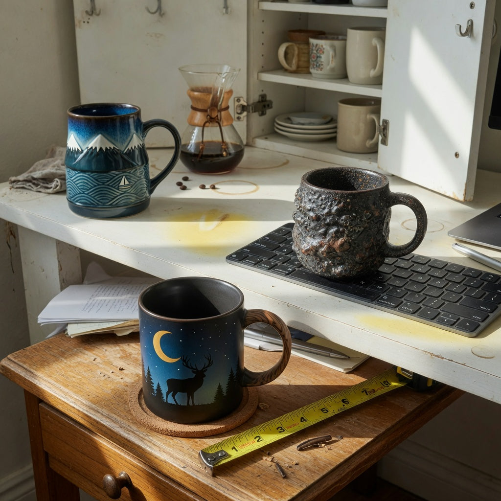 Coffee mug gift ideas for him buying priorities compared by capacity, visible shape, and desk space